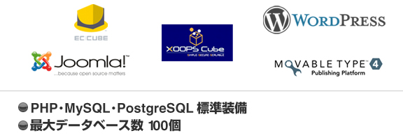 PHP・MySQL・PostgreSQL標準装備、最大データベース数100個可能です。